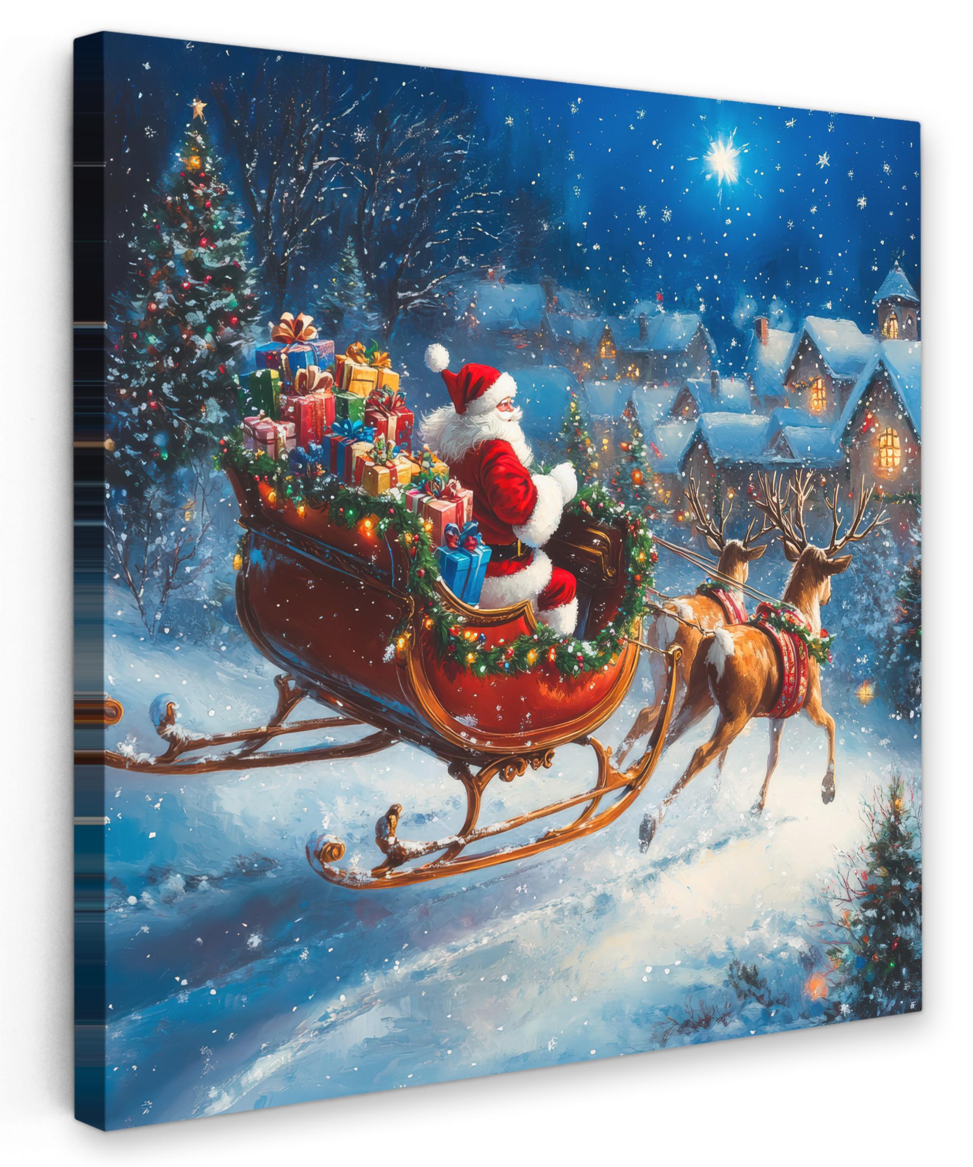 LEINWANDBILD Weihnachtsmann - Rentier - Weihnachten - Schnee Deko Groß 90x90 cm - Cognac, Textil (90/90cm) - MuchoWow
