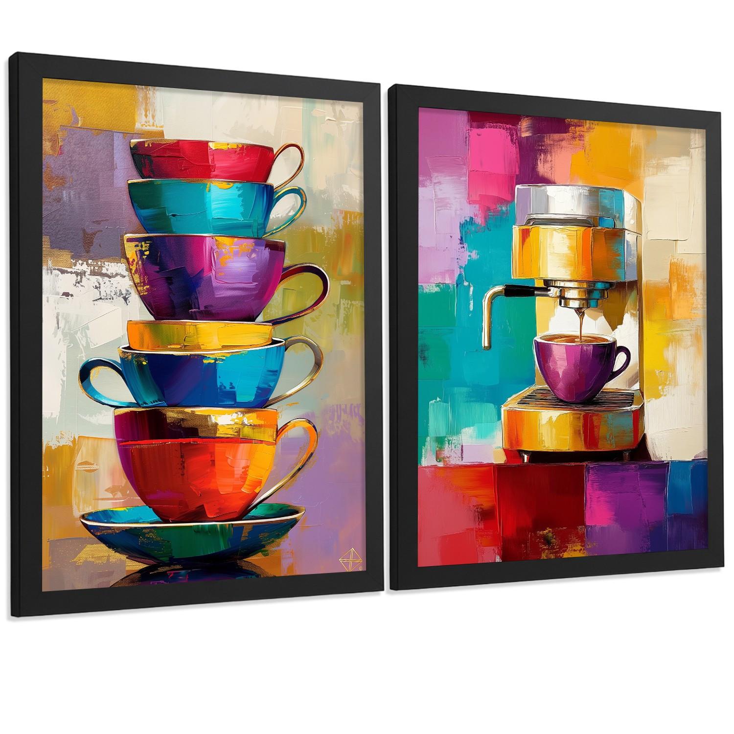 POSTER 2er Set Küchen-Wandbilder Kaffeetassen und Espressomaschine Pop Art Bunt Esszimmer Wanddeko Rahmenlos A3 - Schwarz, Papier (29.7/1/42cm) - Nacnic