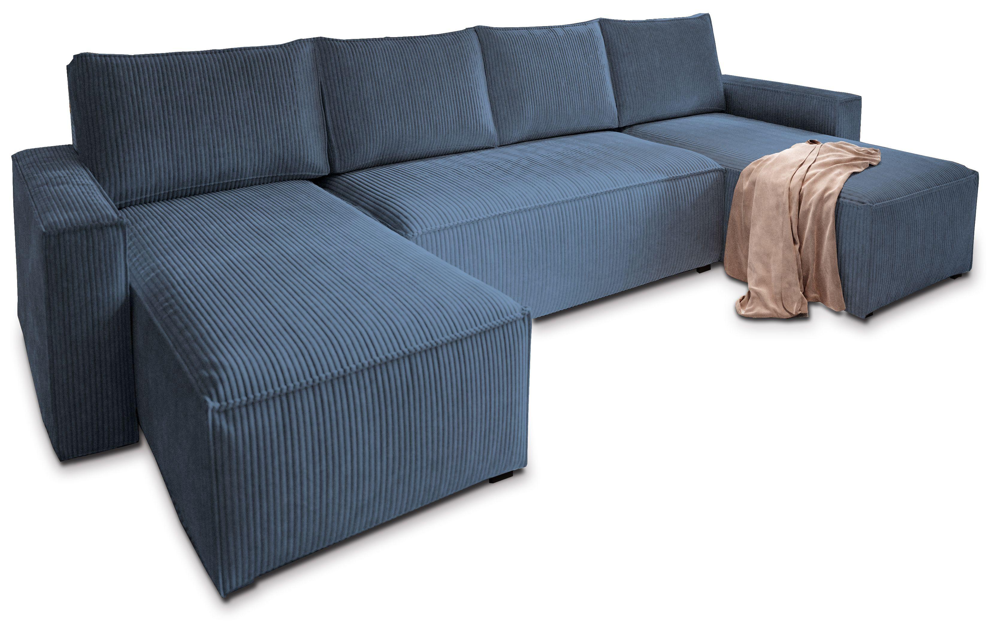 WOHNLANDSCHAFT ASPRA Blau Kordstoff mit Schlaffunktion - Blau/Grau, Holz/Kunststoff (295/85/140cm) - MASSENO