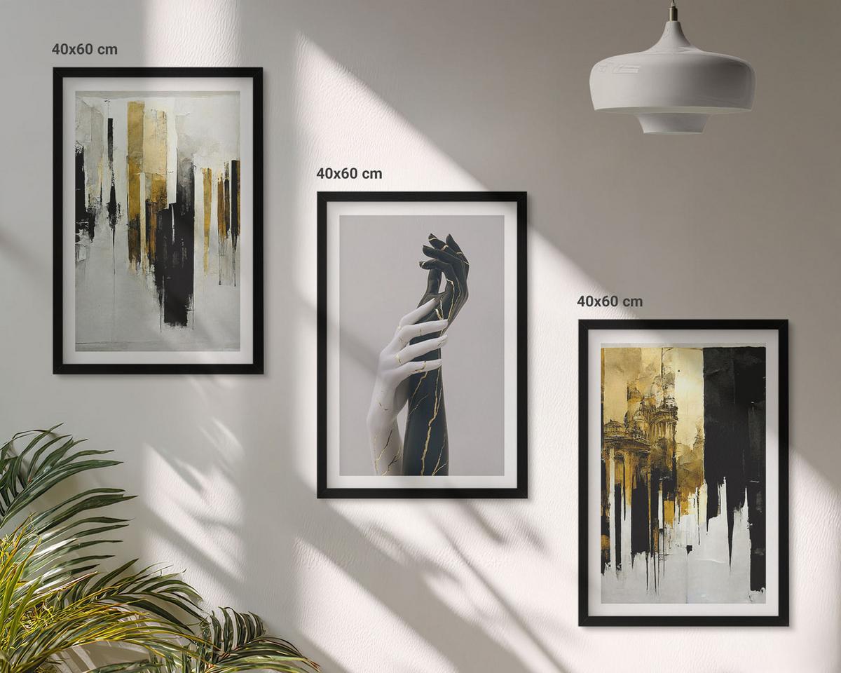 BILDER SET 3er Set - 40x60 cm Schwarzer Rahmen - Abstrakte handgemalte Muster - Schwarz, Kunststoff (40/60cm) - TULUP