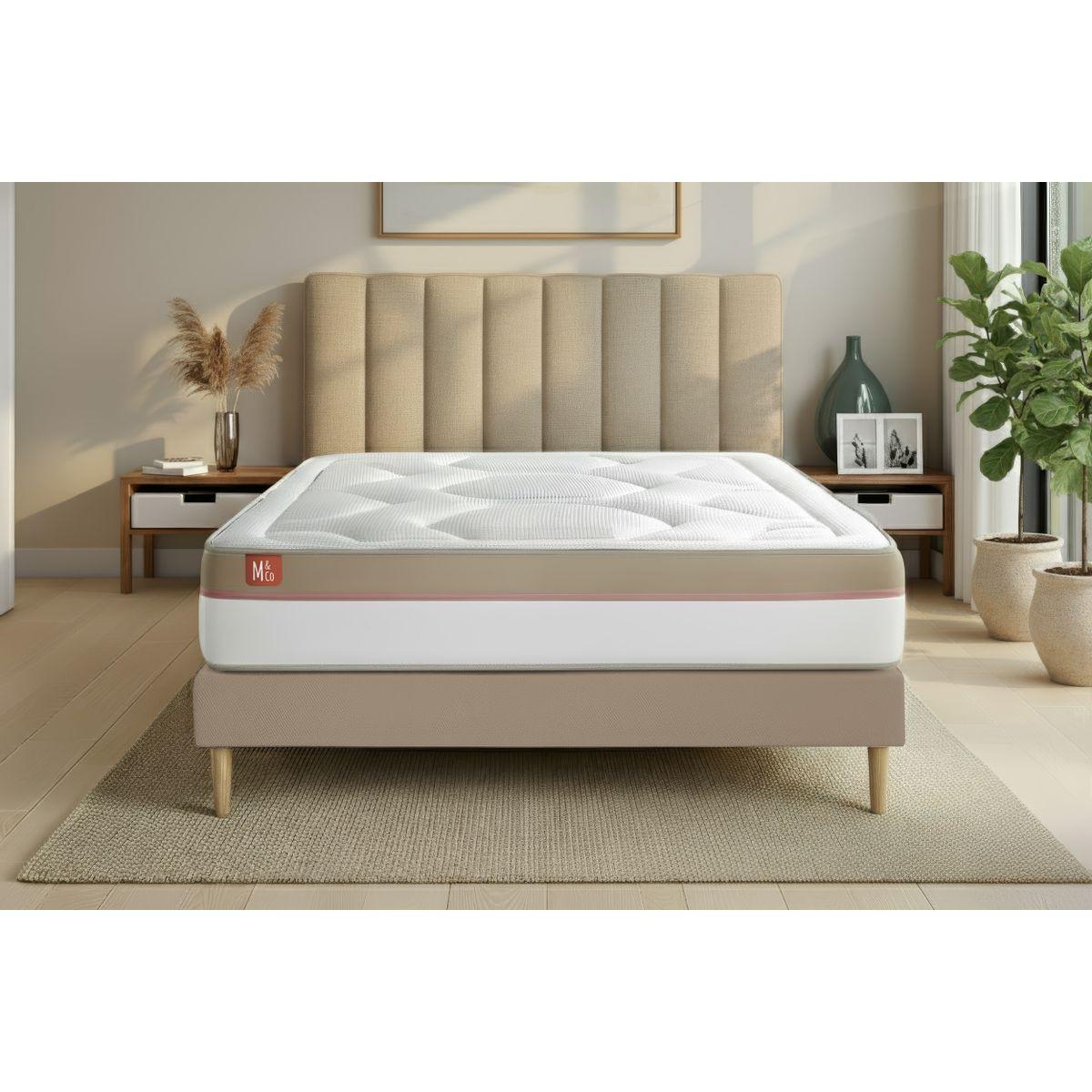 BETT Le Cosy Memory-Schaum 180 x 200 cm h3 - Kit Bettgestell Beige - Mit Kissen und Bettdecke - Beige, Karton/Holz (180/200cm) - Marmottes & Co