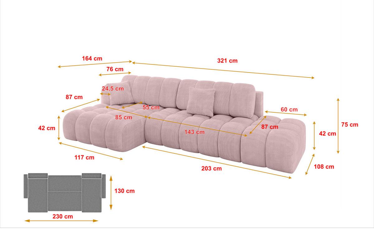 ECKSOFA mit Schlaffunktion Ottomane Links OLEA-L2 321x164x75 Rosa Cord - Schwarz/Rosa, Holzwerkstoff/Kunststoff (321/164cm) - ALTDECOR