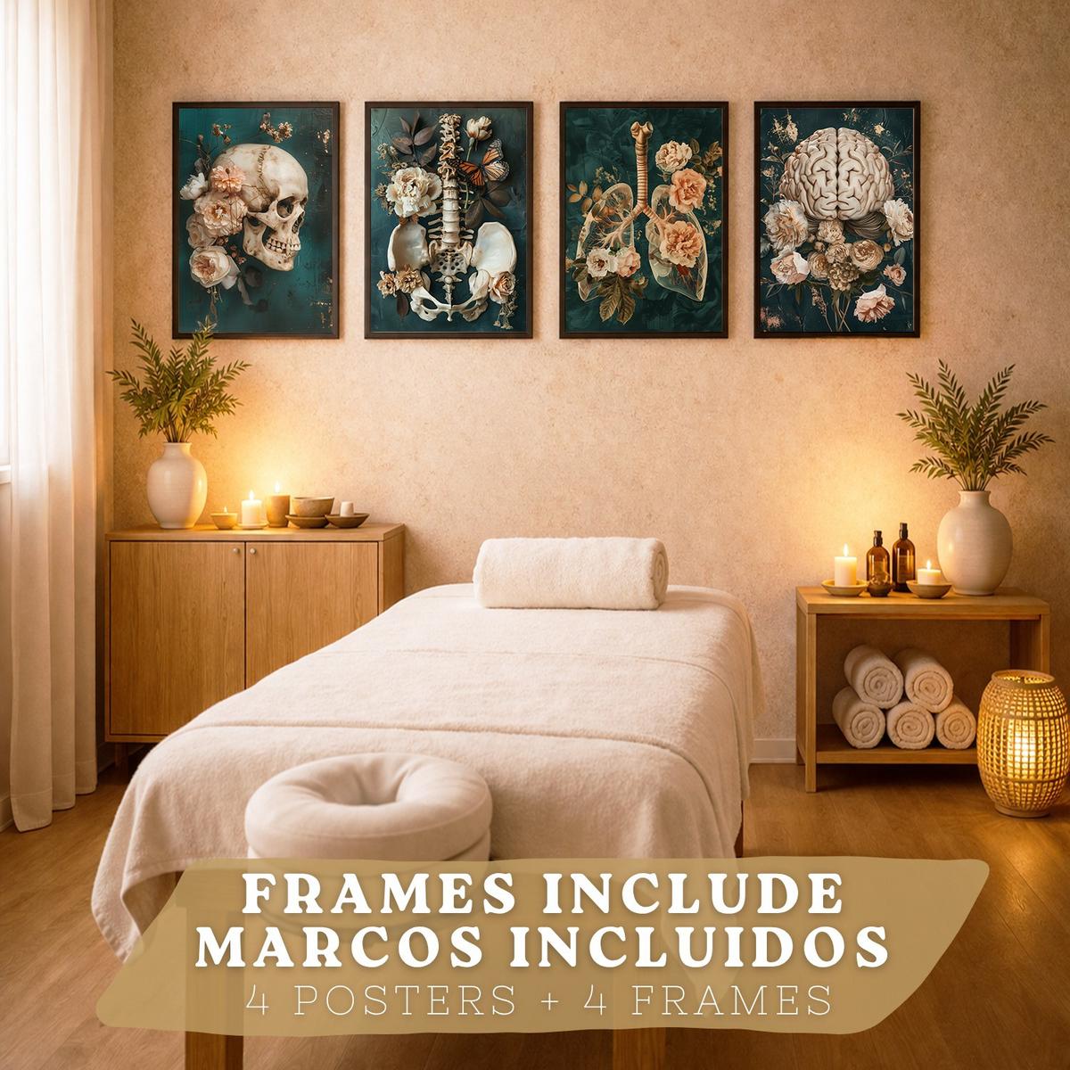 POSTER Set aus 4 Anatomie Mensch Drucke und mit Schädel Gehirn Lungen Luftröhre Bronchien Becken Wirbelsäule Florales Größe Schwarzer Rahmen A3 - Schwarz, Papier (29.7/42/3cm) - Nacnic