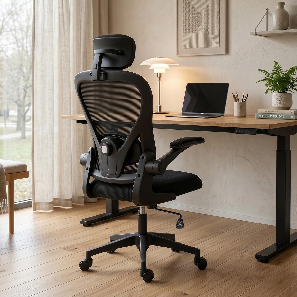 BÜROSTUHL Ergonomischer Schreibtischstuhl mit Hochklappbaren Armlehnen Schwarz - Schwarz, Kunststoff/Textil (63/125/64cm) - HOMCOM