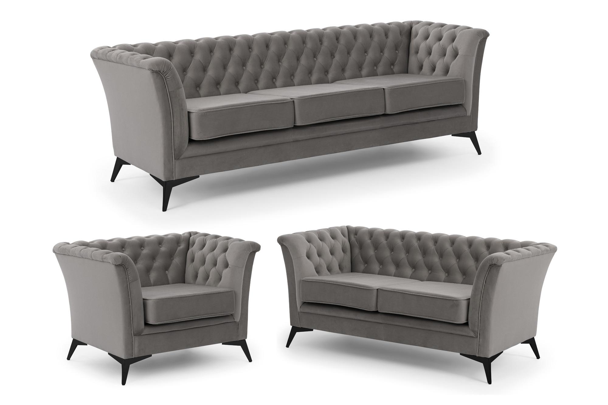 SITZGARNITUR 3+2+1 Chesterfield Whitby Grau Samt mit schwarzen Füßen - Schwarz/Grau, Holz/Textil (237/78/82cm) - S-Style Möbel
