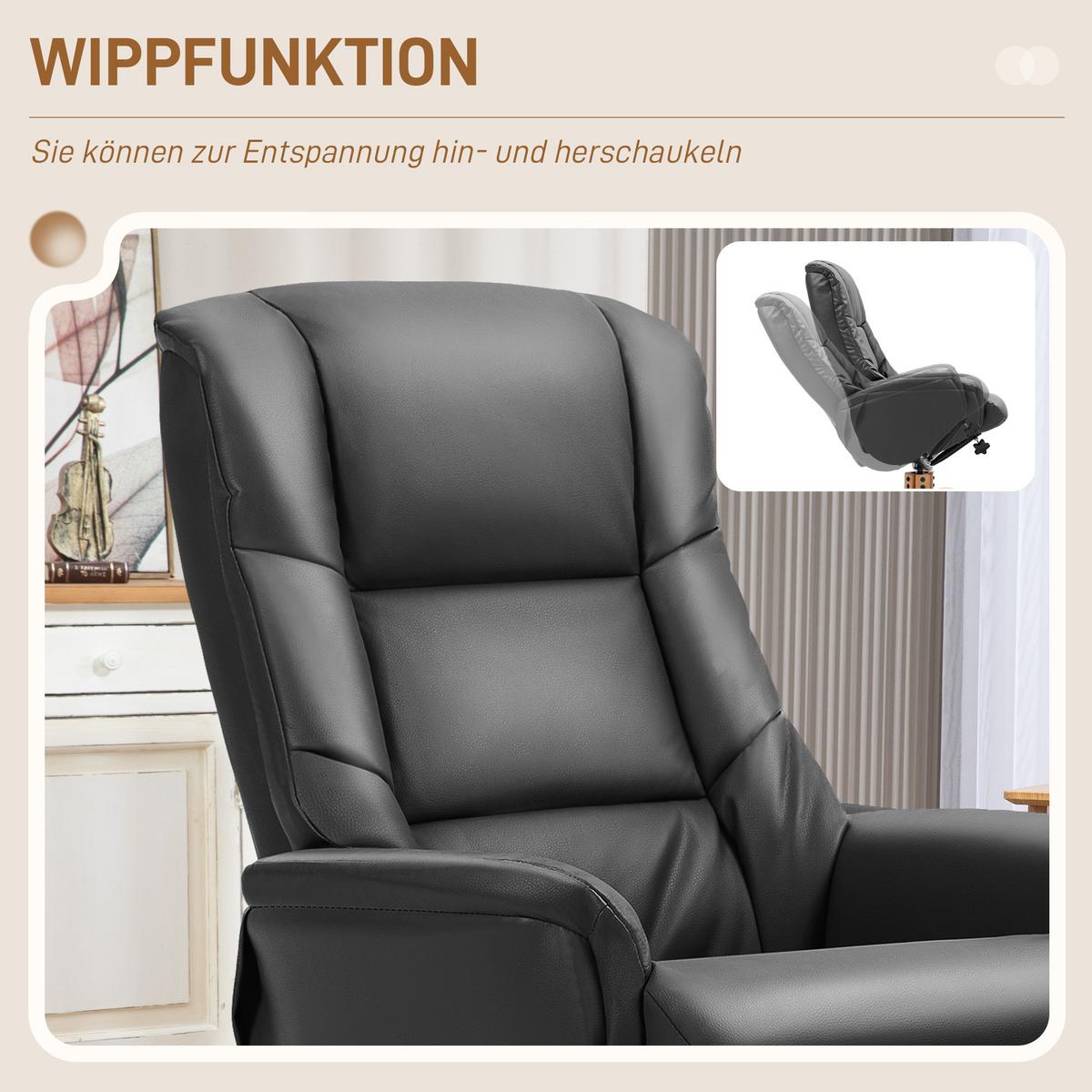 RELAXSESSEL mit Hocker, Fernsehsessel mit Liegefunktion, Wippfunktion, Schwarz - Schwarz, Leder/Holz (84/102/71cm) - HOMCOM
