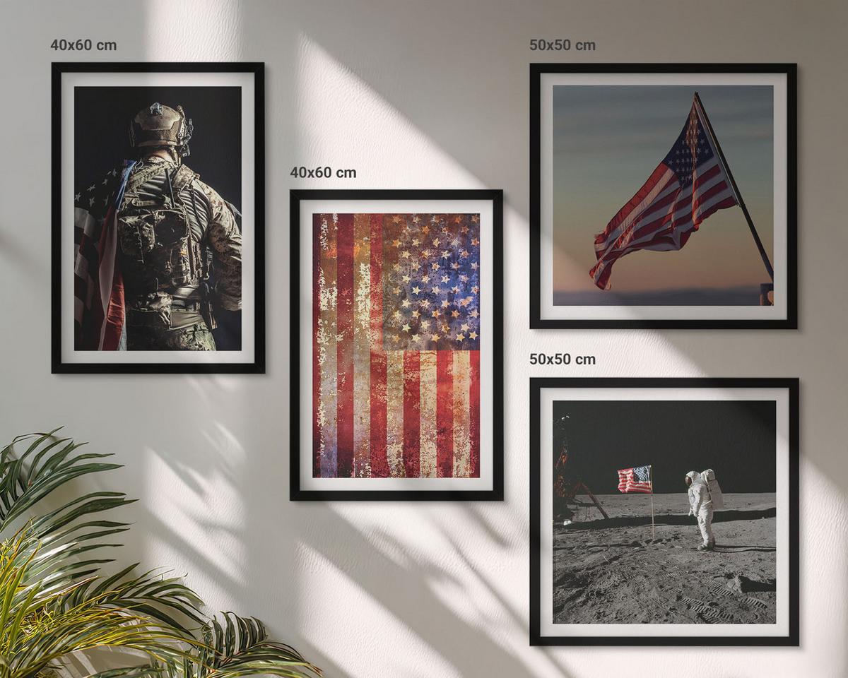 BILDER SET 4er Set - 50x50 cm & 40x60 cm Schwarzer Rahmen - Amerikanische Symbole, USA-Flagge - Schwarz, Kunststoff (50/50cm) - TULUP