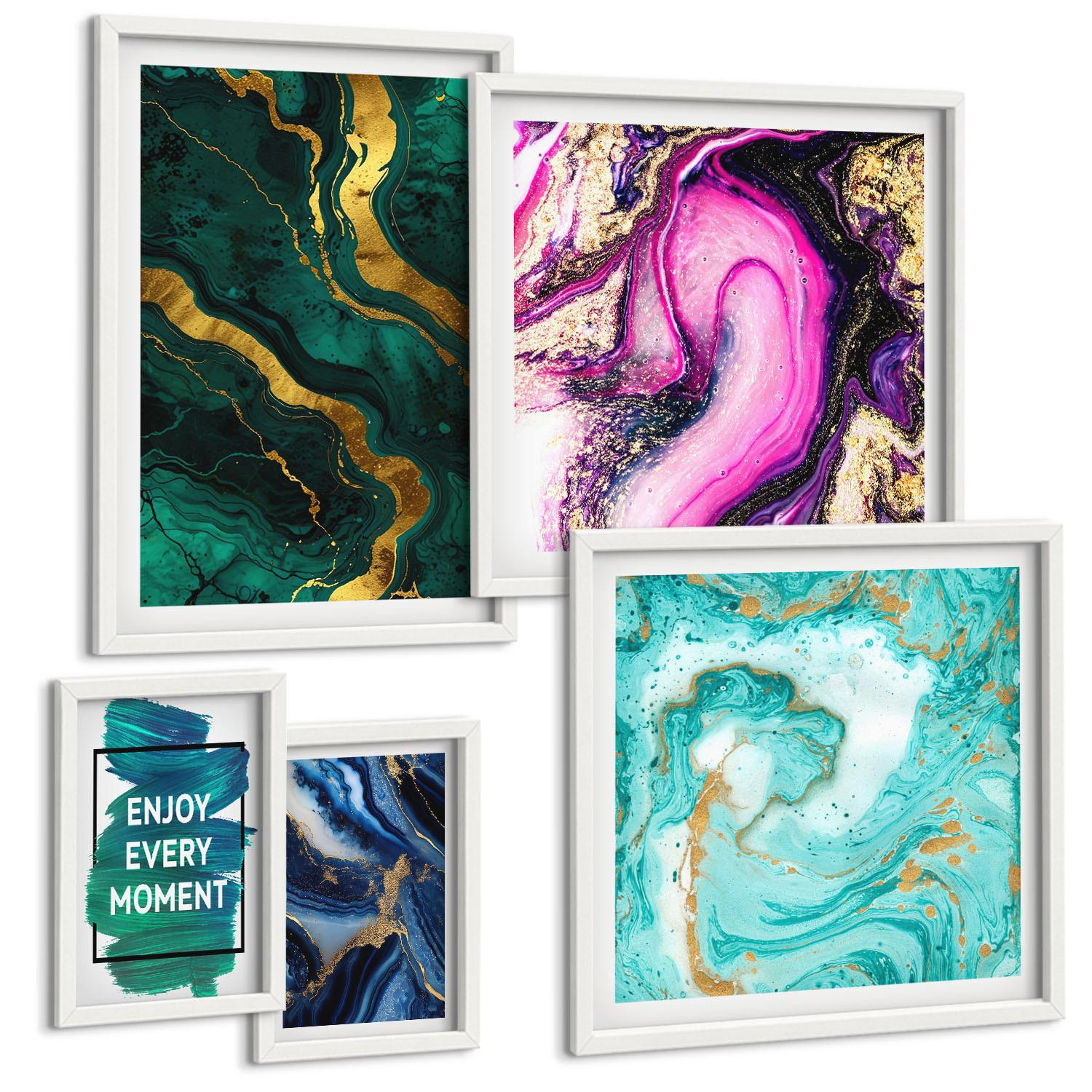 BILDER SET 5er Set - 50x50 cm & 20x30 cm & 40x60 cm Weißer Rahmen - Abstrakte Muster in Rosa, Grün und Blau - Weiß, Kunststoff (40/60cm) - TULUP