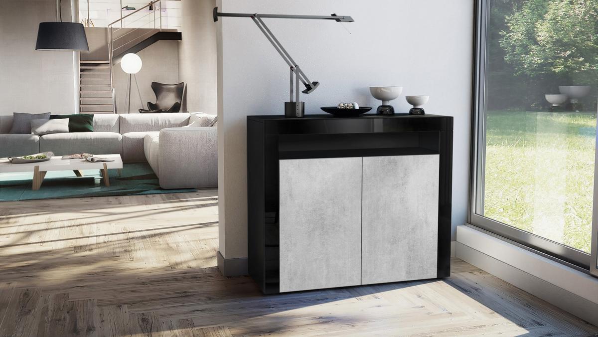 KOMMODE Valencia Beton Oxid Optik/ Schwarz Hochglanz - Schwarz Hochglanz/Hellgrau, Holzwerkstoff (108/92/40cm) - Vladon