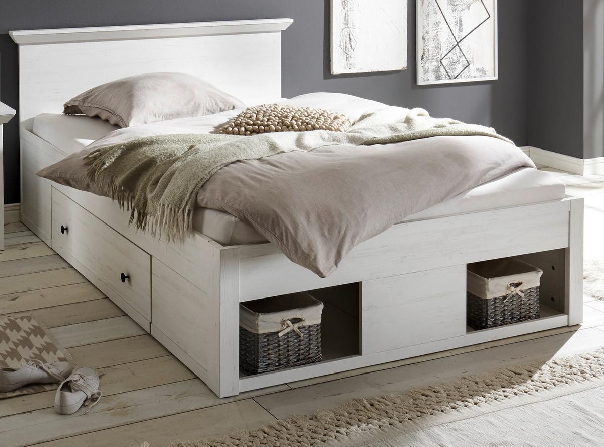 BETT Pinie weiß Liegefläche 140 x 200 cm, Stauraumbett mit Bettschubkasten - Schwarz/Weiß, Holzwerkstoff/Kunststoff (140/200cm) - Furn.Design