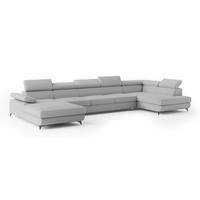 WOHNLANDSCHAFT MONTIVA Hellgrau Boucle-Stoff mit Schlaffunktion - Hellgrau, Holz (410/89/190cm) - MASSENO