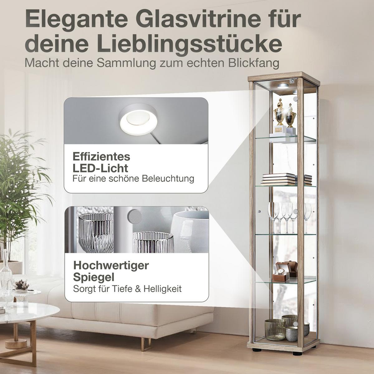 GLASVITRINE 33/37/176 cm mit Spiegel, LED, Schloss & 4 höhenverstellbaren Glasböden - Transparent/Silberfarben, Glas/Holzwerkstoff (37/176/33cm) - K-Möbel