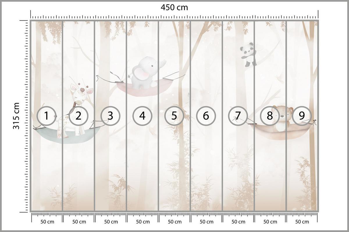 FOTOTAPETE für Kinderzimmer Tiere Hängematten WALD Elefant Giraffe 450x315 - Beige/Schwarz, Papier (450/315cm) - Muralo