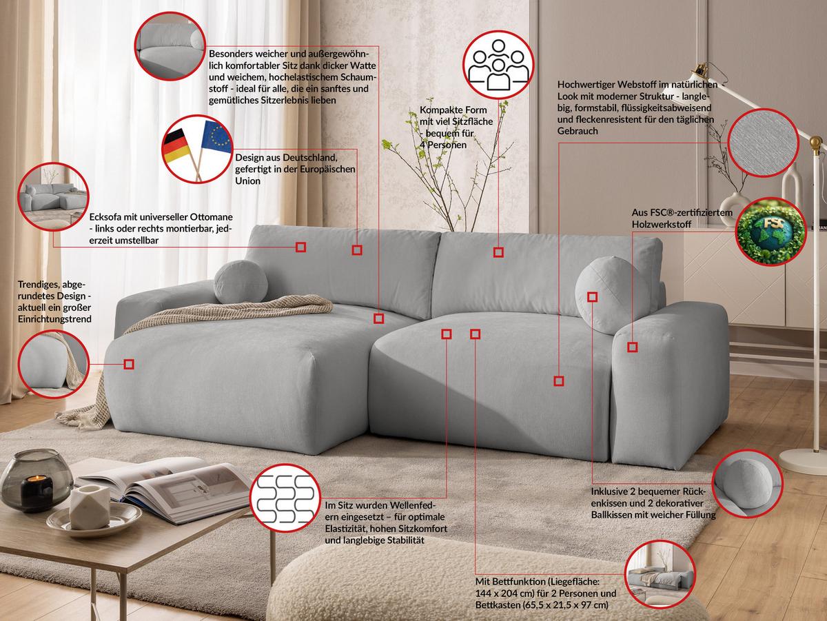 ECKSOFA Puffy mit Schlaffunktion und Bettkasten - besonders weich und puffig aus Grau Webstoff - Ottomane links - Schwarz/Grau, Holz/Kunststoff (138/266cm) - S-Style Möbel
