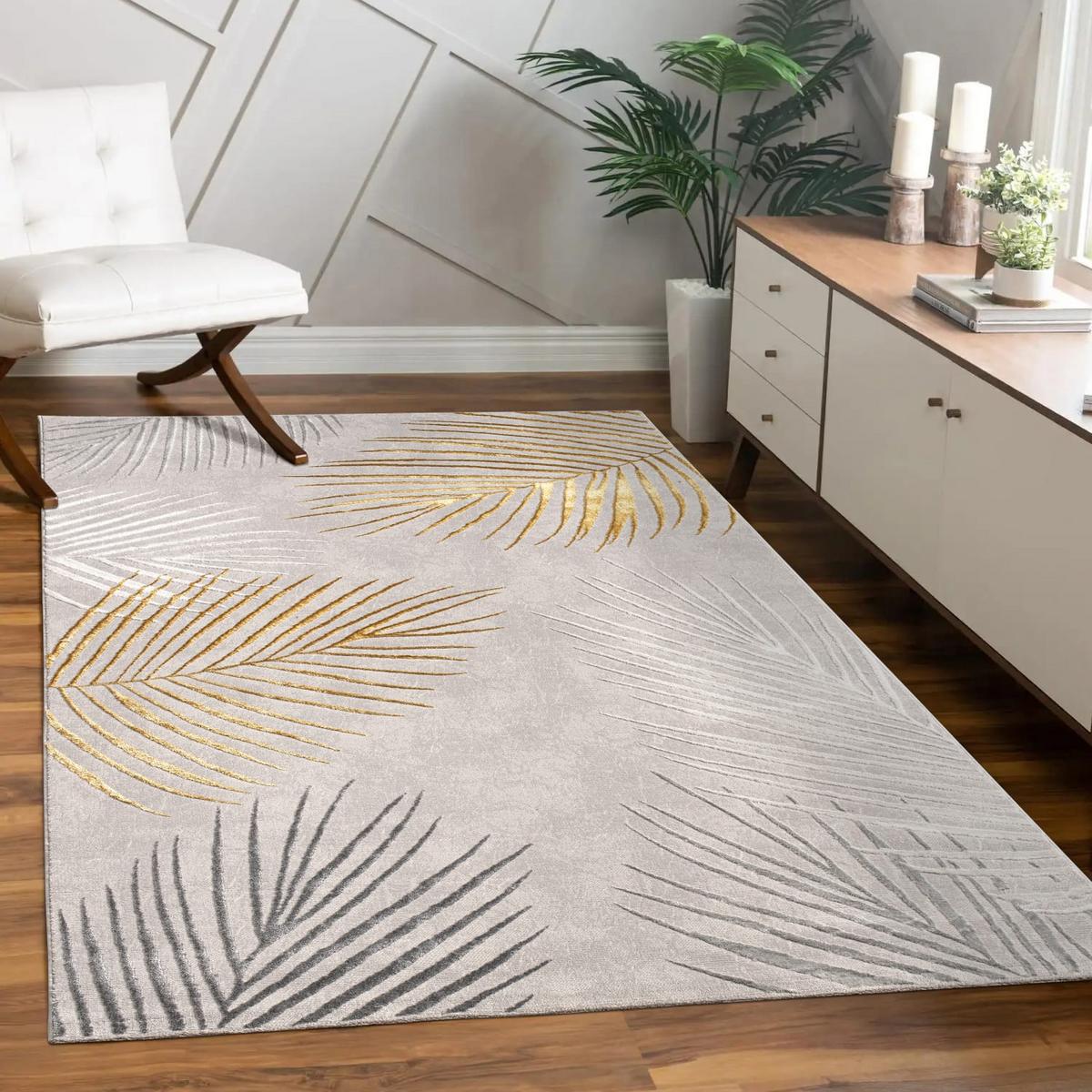 KURZFLORTEPPICH, mit Blätter-Motiv, Gold, 160 x 230 cm - Goldfarben, Textil (230/160cm) - KADIMA DESIGN