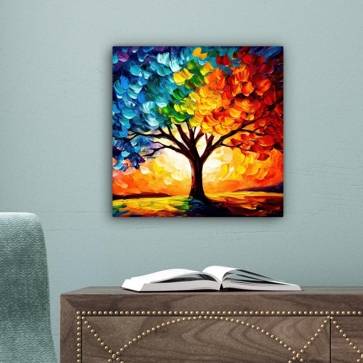 LEINWANDBILD Baum - Kunst - Natur - Sonnenuntergang Deko Wohnzimmer 20x20 cm - Multicolor, Textil (20/20cm) - MuchoWow