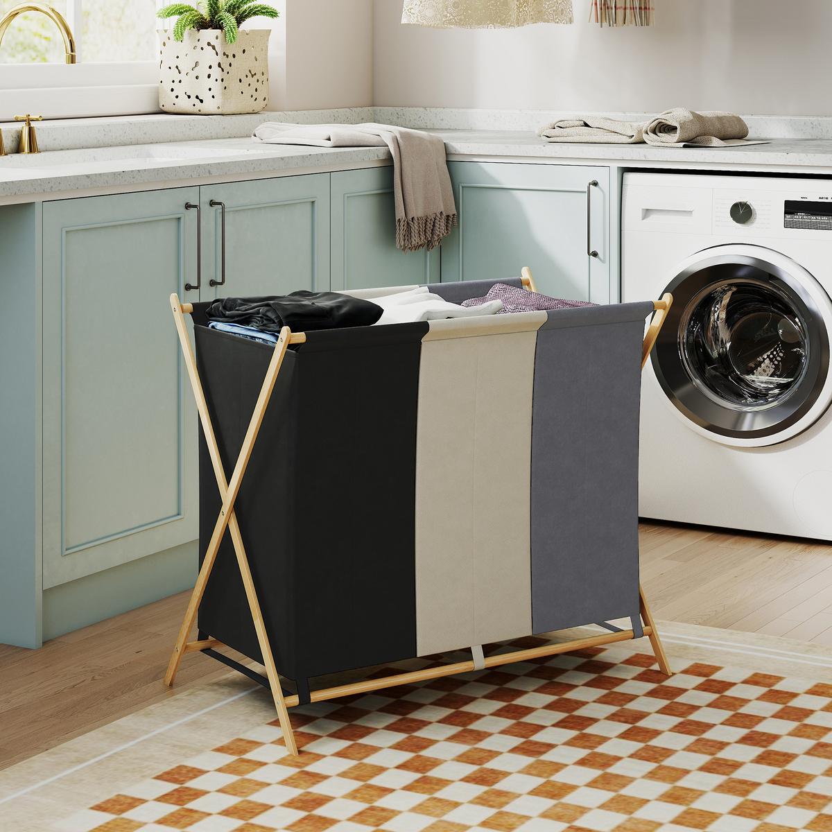 WÄSCHEKORB aus Bambus Leinenstoff Mehrfarbig - Multicolor, Naturmaterialien (48/67/75cm) - HOMCOM