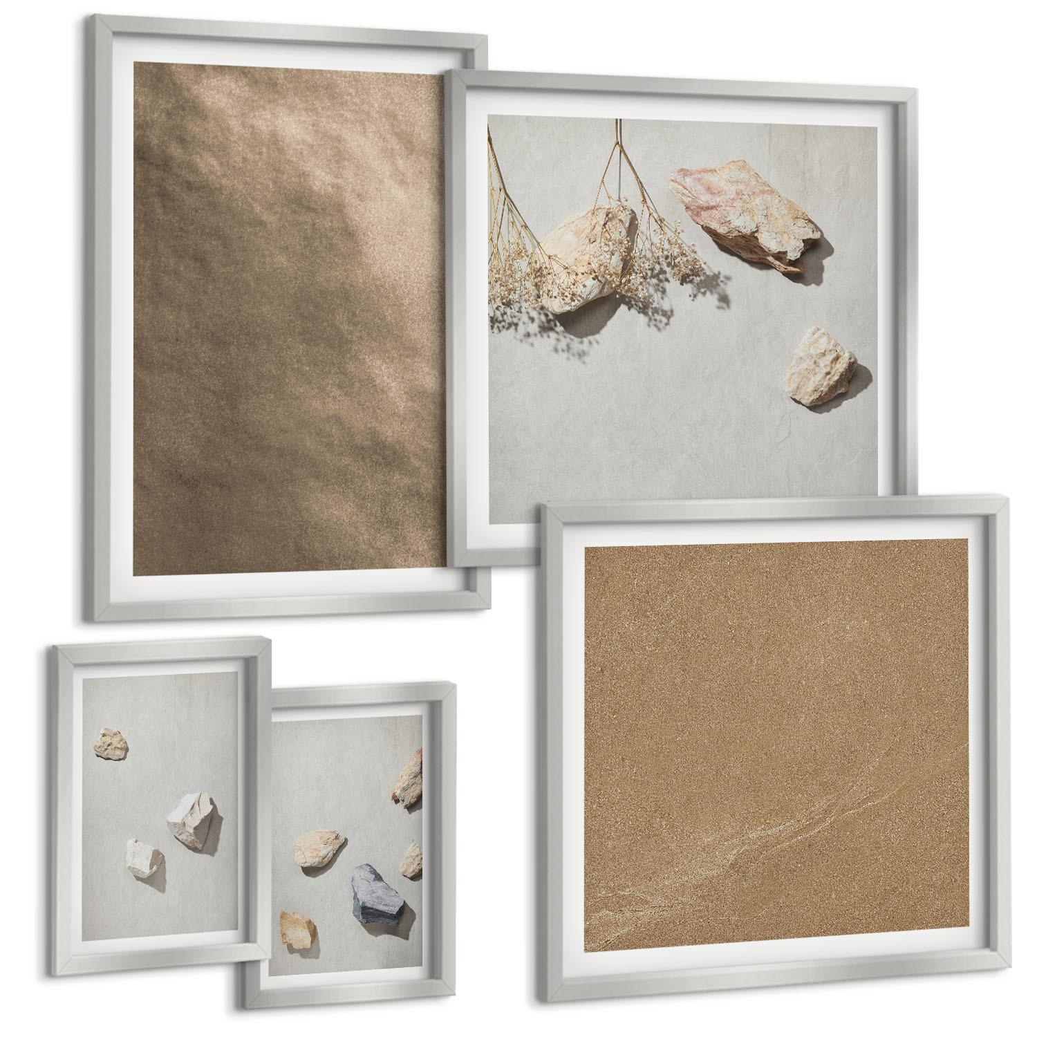 BILDER SET 5er Set - 50x50 cm & 20x30 cm & 40x60 cm Silberner Rahmen - Strandsteine natürliche Strukturen - Silberfarben, Kunststoff (40/60cm) - TULUP