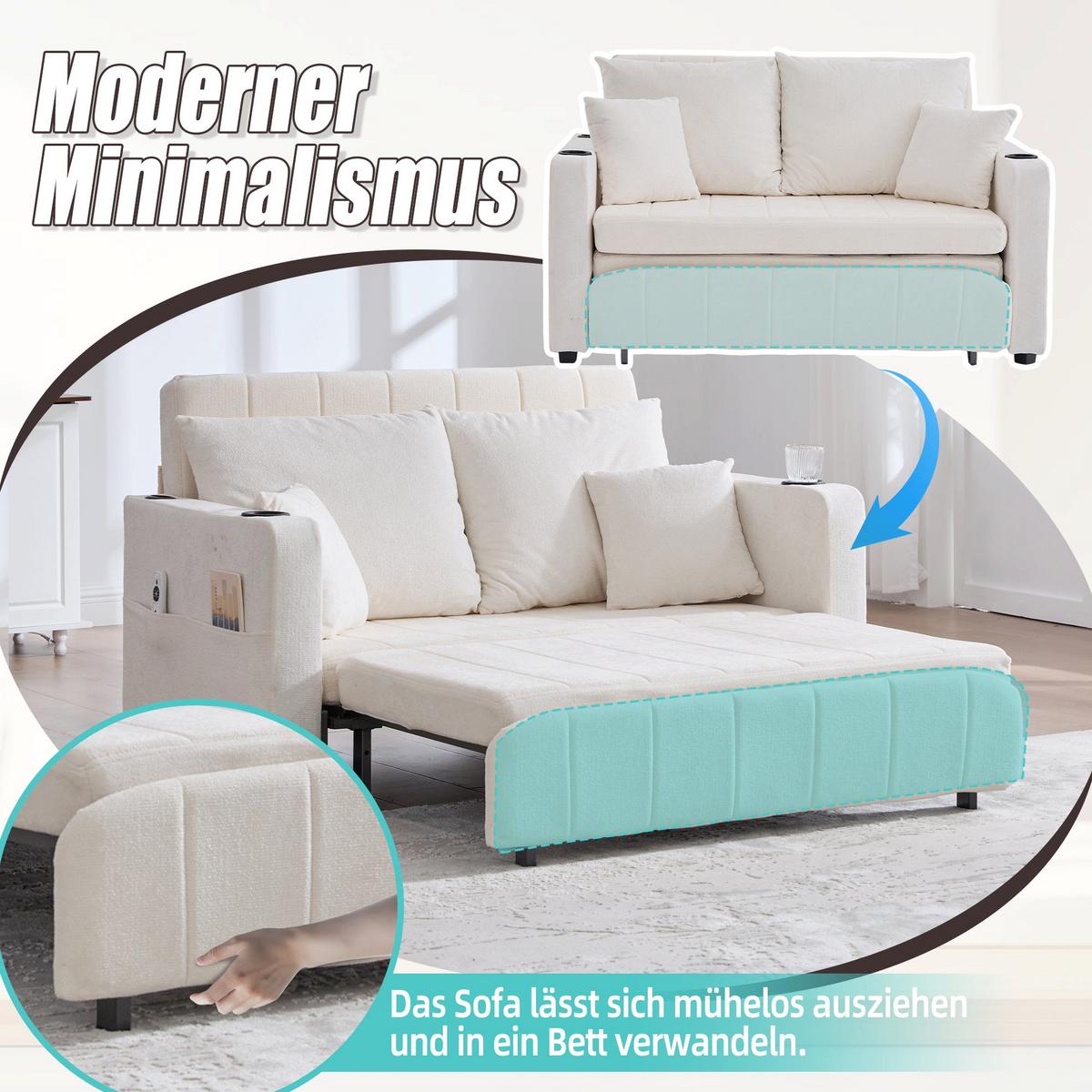 SCHLAFSOFA aus chenille mit bettfunktion, usb-anschluss & becherhaltern - Beige, Textil (139/83/73cm) - Urban Meuble
