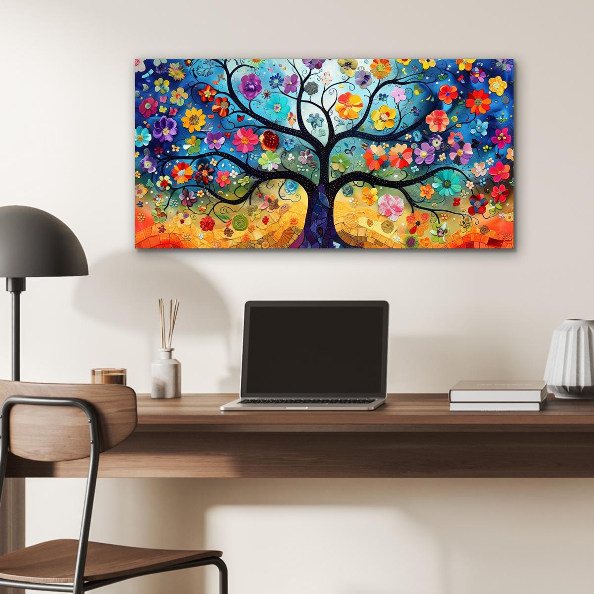 METALLBILD Kunst - Baum des Lebens - Blumen - Hippie 80x40 cm - Dunkelblau, Metall (80/40cm) - MuchoWow