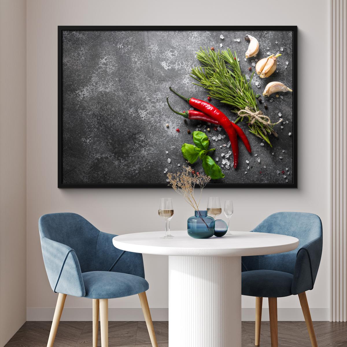 POSTER MIT RAHMENGERAHMTES BILD Pfeffer - Kräuter - Gewürze - Beton 120x80 cm - Dunkelgrau, Papier (120/80cm) - MuchoWow