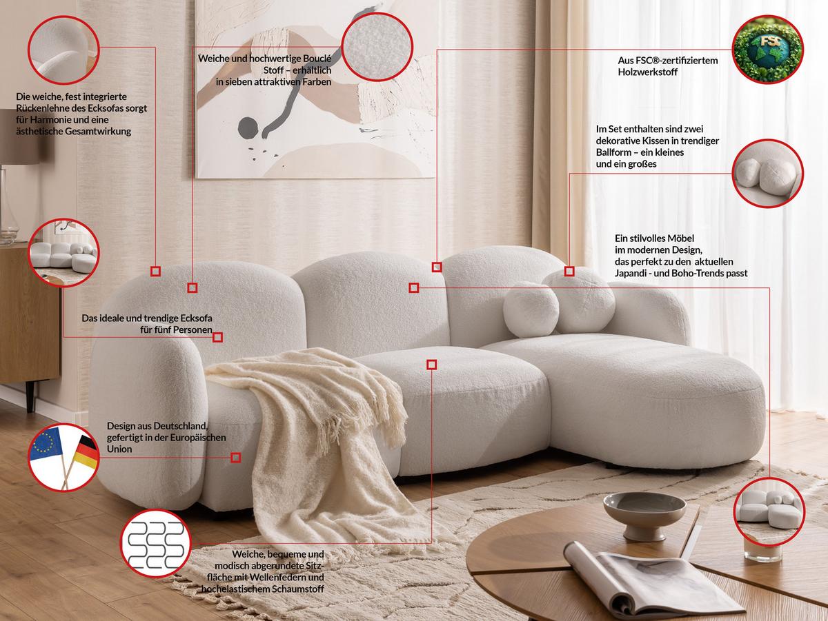 ECKSOFA Nuvola mit abgerundetem Design Schwarz Bouclé-Stoff - Ottomane Rechts - Schwarz/Weiß, Holz/Kunststoff (268/146cm) - S-Style
