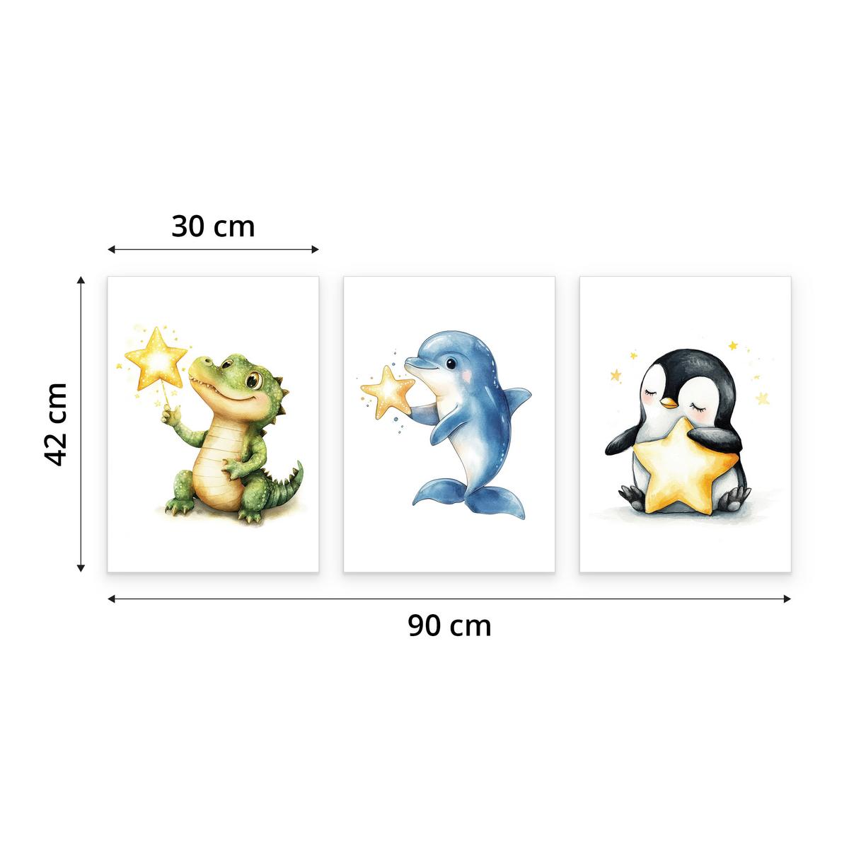 POSTER SET für Kinderzimmer TIERE Sterne Krokodil Delfin Pinguin A3 30x42cm - Gelb/Schwarz, Papier (30/42/1cm) - Muralo