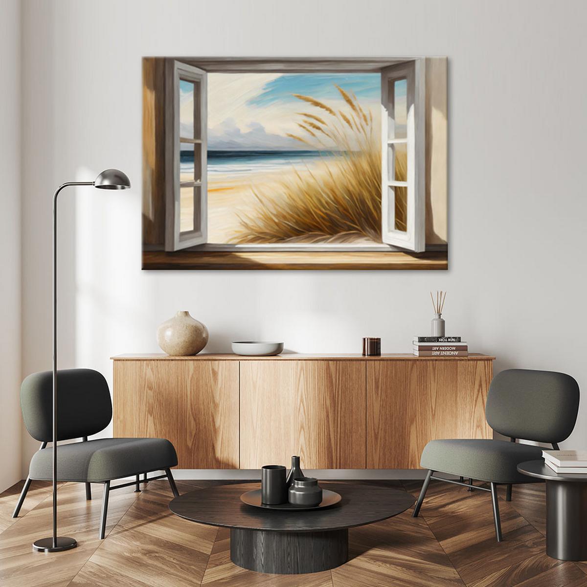 LEINWANDBILD Blick aus dem Fenster auf den Strand 120x80cm - Gelb, Textil (120/80cm) - Feeby