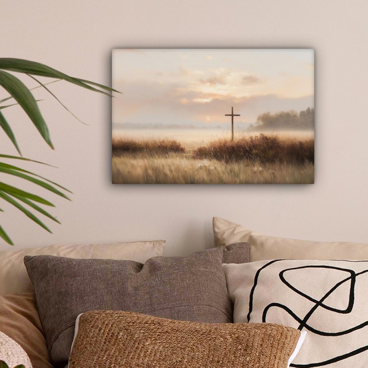 LEINWANDBILD Gras - Morgennebel - Kreuz - Christentum Deko Schlafzimmer 30x20 cm - Beige, Textil (30/20cm) - MuchoWow