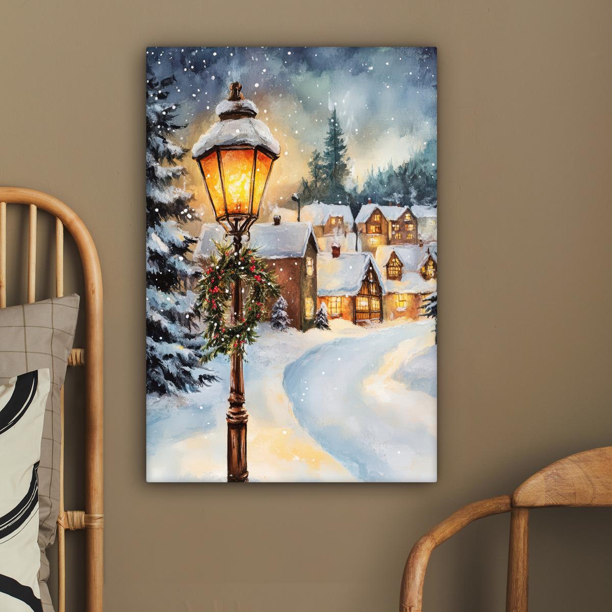 LEINWANDBILD Weihnachtsdorf - Häuser - Schnee - Weihnachten Wanddeko Schlafzimmer 60x90 cm - Sandfarben, Textil (60/90cm) - MuchoWow