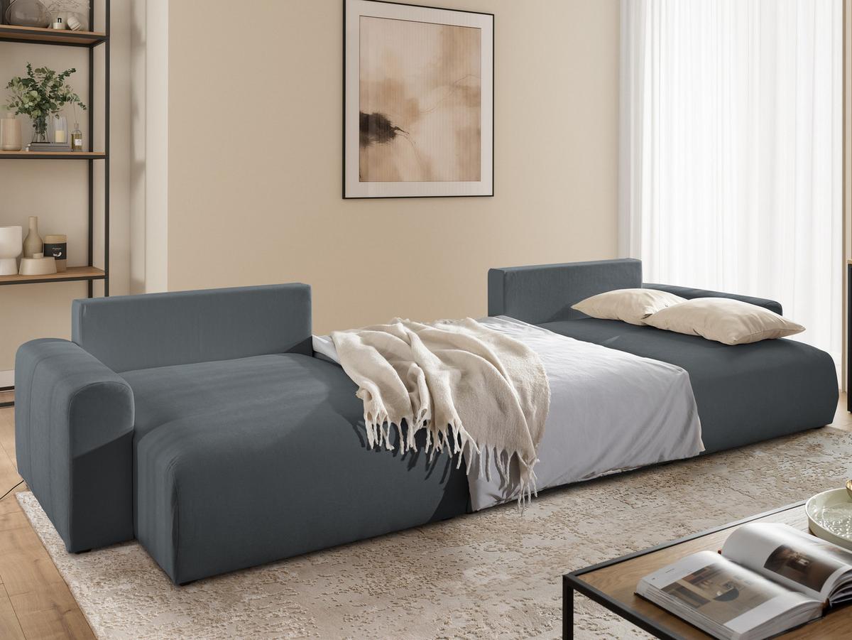 WOHNLANDSCHAFT Calma mit Schlaffunktion und Bettkasten im Bumpy-Design aus weichem Dunkelgrau Webstoff - Dunkelgrau/Schwarz, Holz/Textil (336/88/140cm) - S-Style