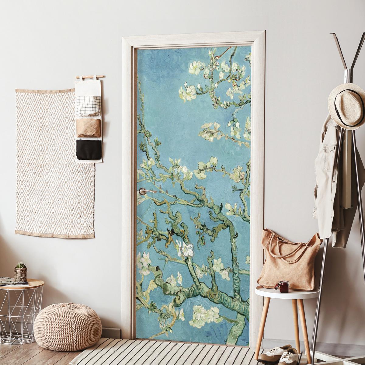 TÜRAUFKLEBER Selbstklebend - Mandelblüte - Van Gogh - Kunst 85x205 cm - Türtapete - Pastellblau, Kunststoff (85/205cm) - MuchoWow