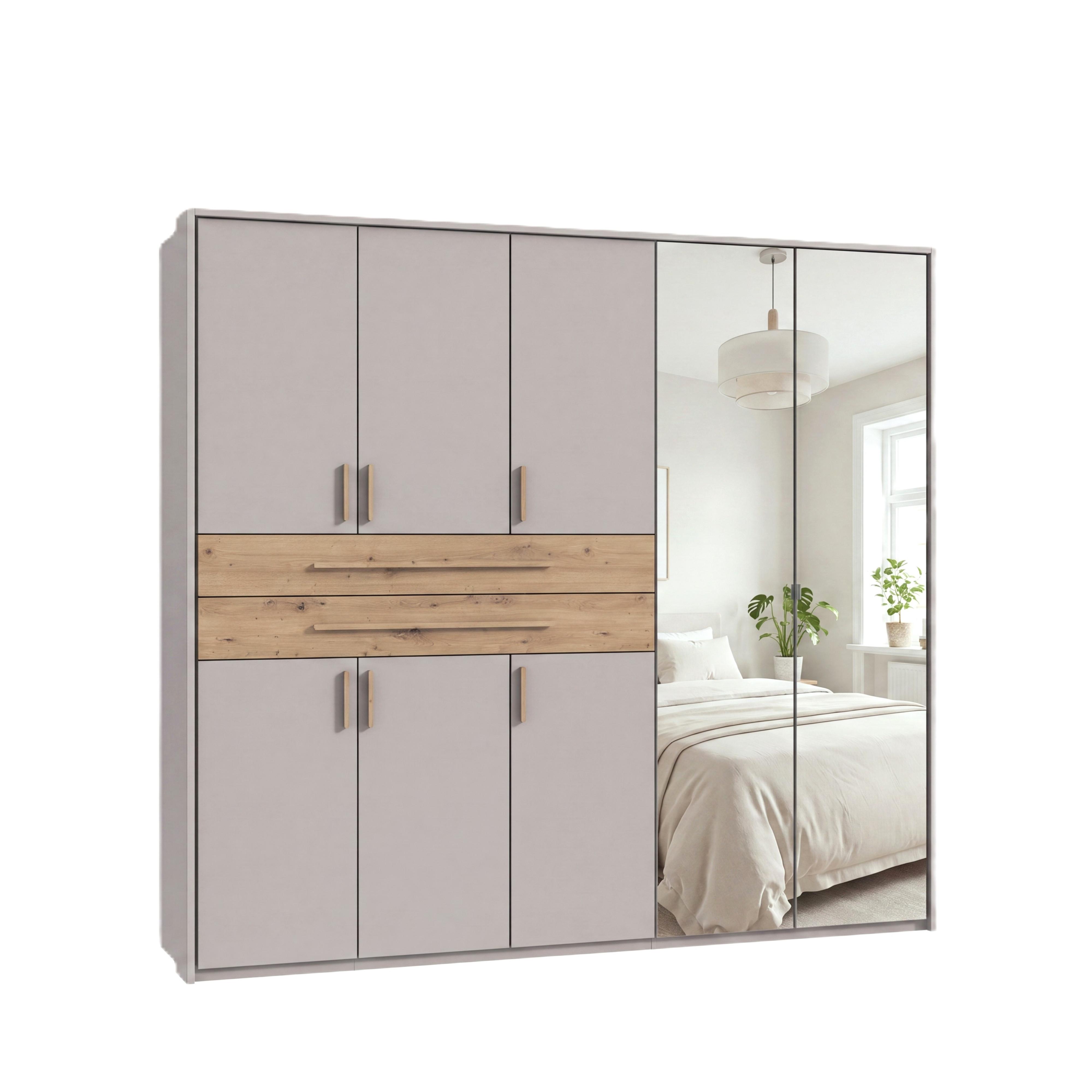 DREHTÜRENSCHRANK B228/H210/T58 cm Beige Grau, Kleiderschrank m. Passepartout, 2 Spiegeltüren, 2 Schubkästen & Griffe in Eiche Artisan Dekor / 22639 - Greige/Eiche Artisan, Holzwerkstoff/Kunststoff (228/210/58cm) - luma-home