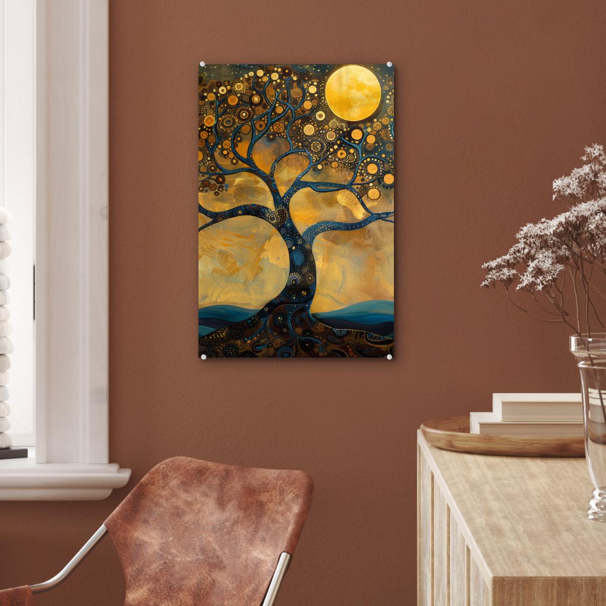 ACRYLGLASBILD Baum - Mond - Blumen - Gold - Kunst Wanddeko Wohnzimmer 40x60 cm - Orange, Glas (40/60cm) - MuchoWow