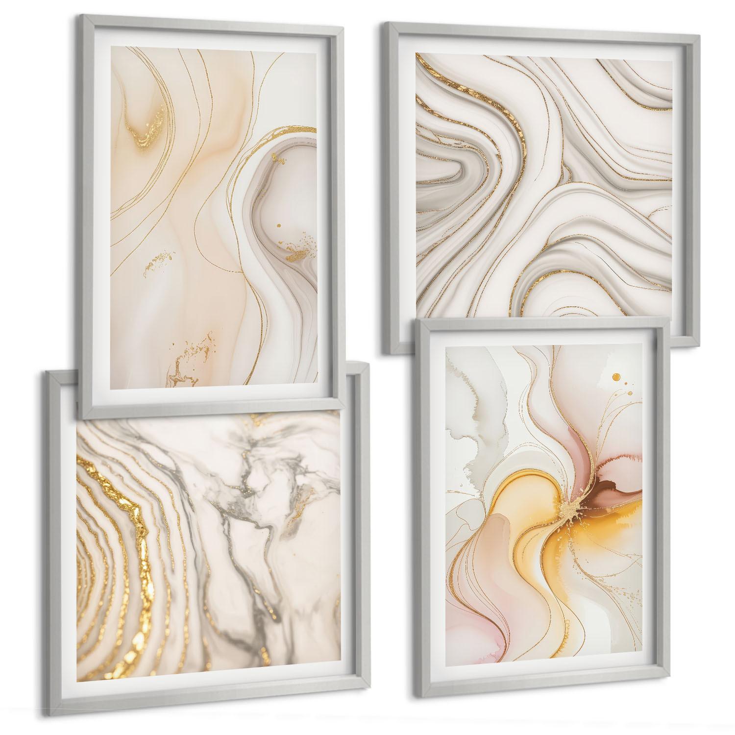 BILDER SET 4er Set - 50x50 cm & 40x60 cm Silberner Rahmen - Abstrakte warme Muster - Silberfarben, Kunststoff (50/50cm) - TULUP