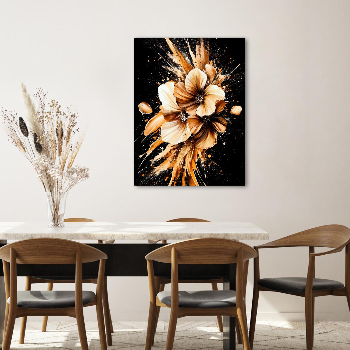 LEINWANDBILD Blumen - Gold - Graffiti - Schwarz - Abstrakt Wandbild Wohnzimmer 60x80 cm - Cappuccino, Textil (60/80cm) - MuchoWow
