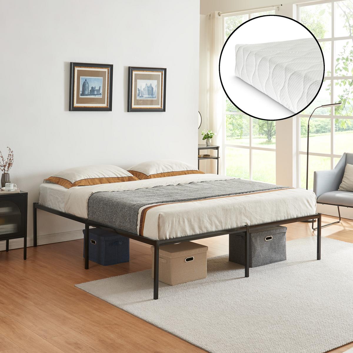 METALLBETT Vårdö mit Matratze - Schwarz, Textil/Metall (160/200cm) - [en.casa]