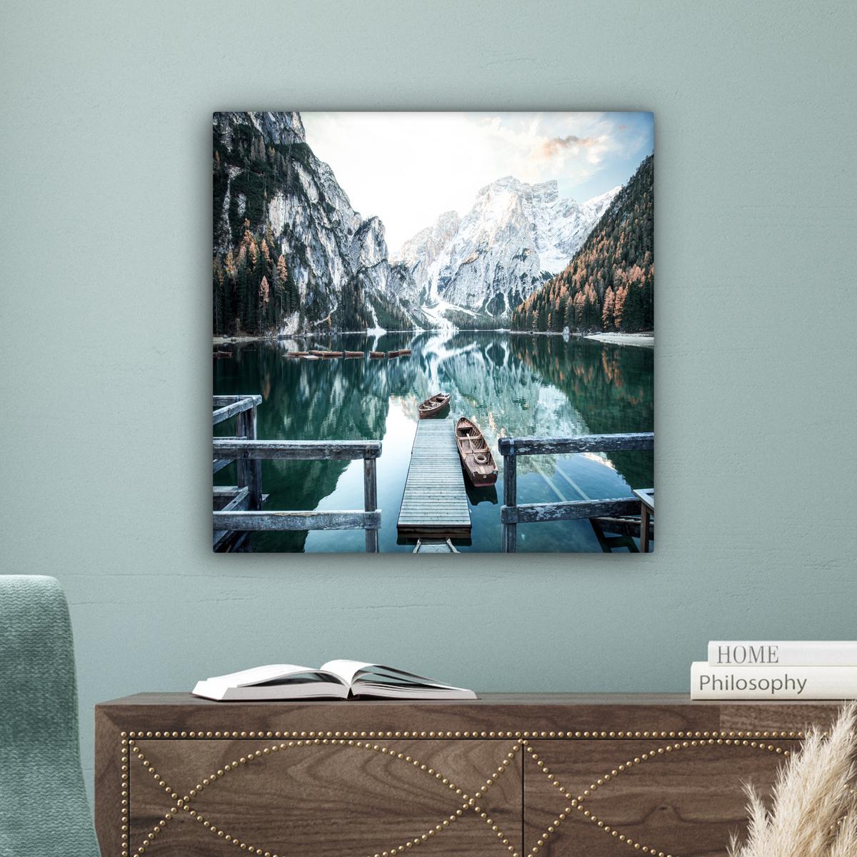 LEINWANDBILD Natur - Berge - Schnee - Wald - Boot Wandbild Wohnzimmer 50x50 cm - Hellgrün, Textil (50/50cm) - MuchoWow