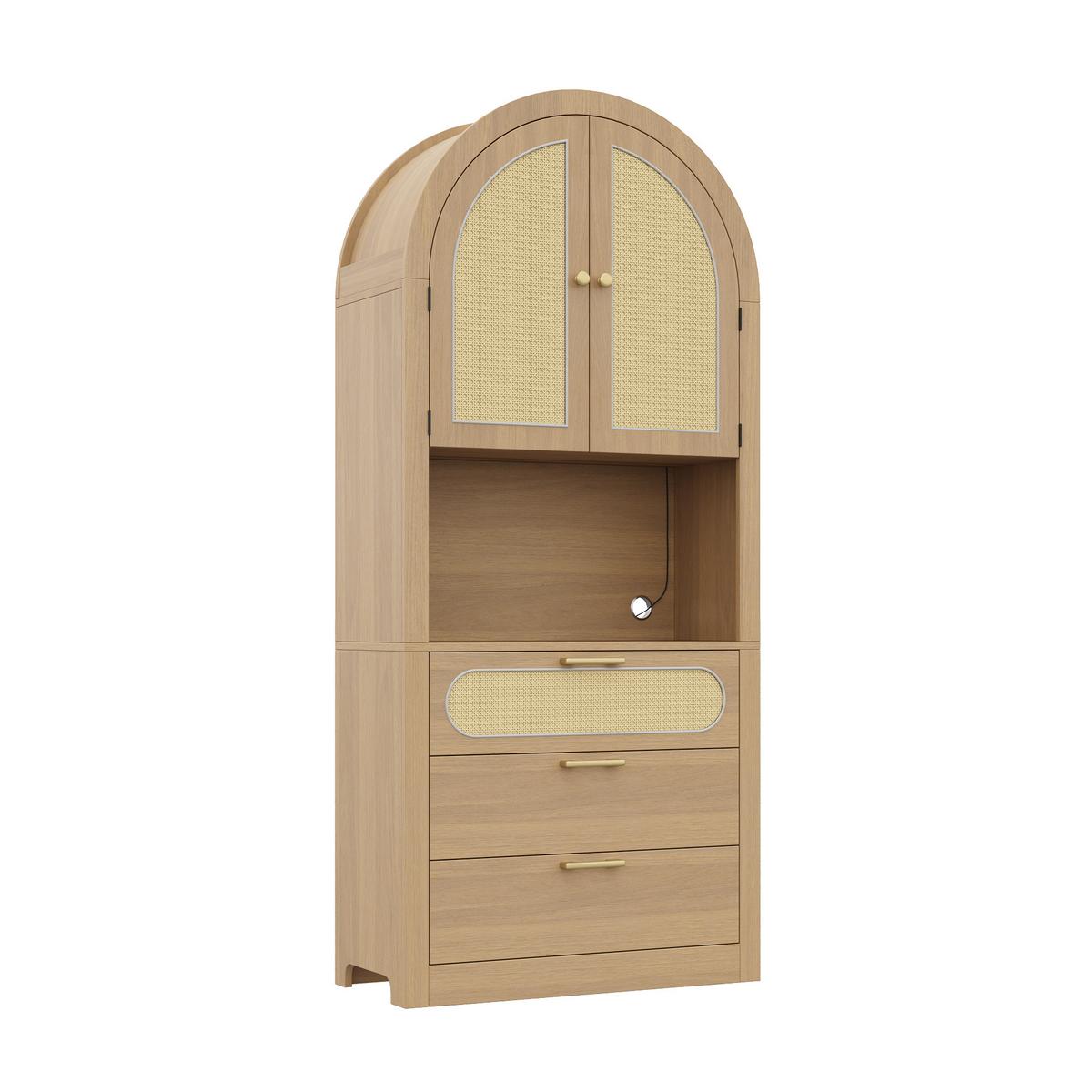 HIGHBOARD in heller Eiche-Optik mit Rattantüren, mit LED-Beleuchtung und viel Stauraum - Naturfarben, Holzwerkstoff (80/180/35cm) - Urban Meuble