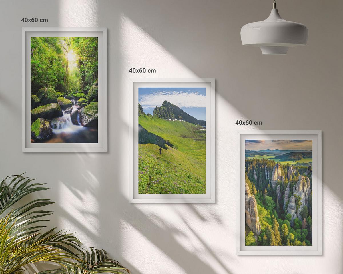 BILDER SET 3er Set - 40x60 cm Weißer Rahmen - Grüne Berge Wasserfallwald - Weiß, Kunststoff (40/60cm) - TULUP