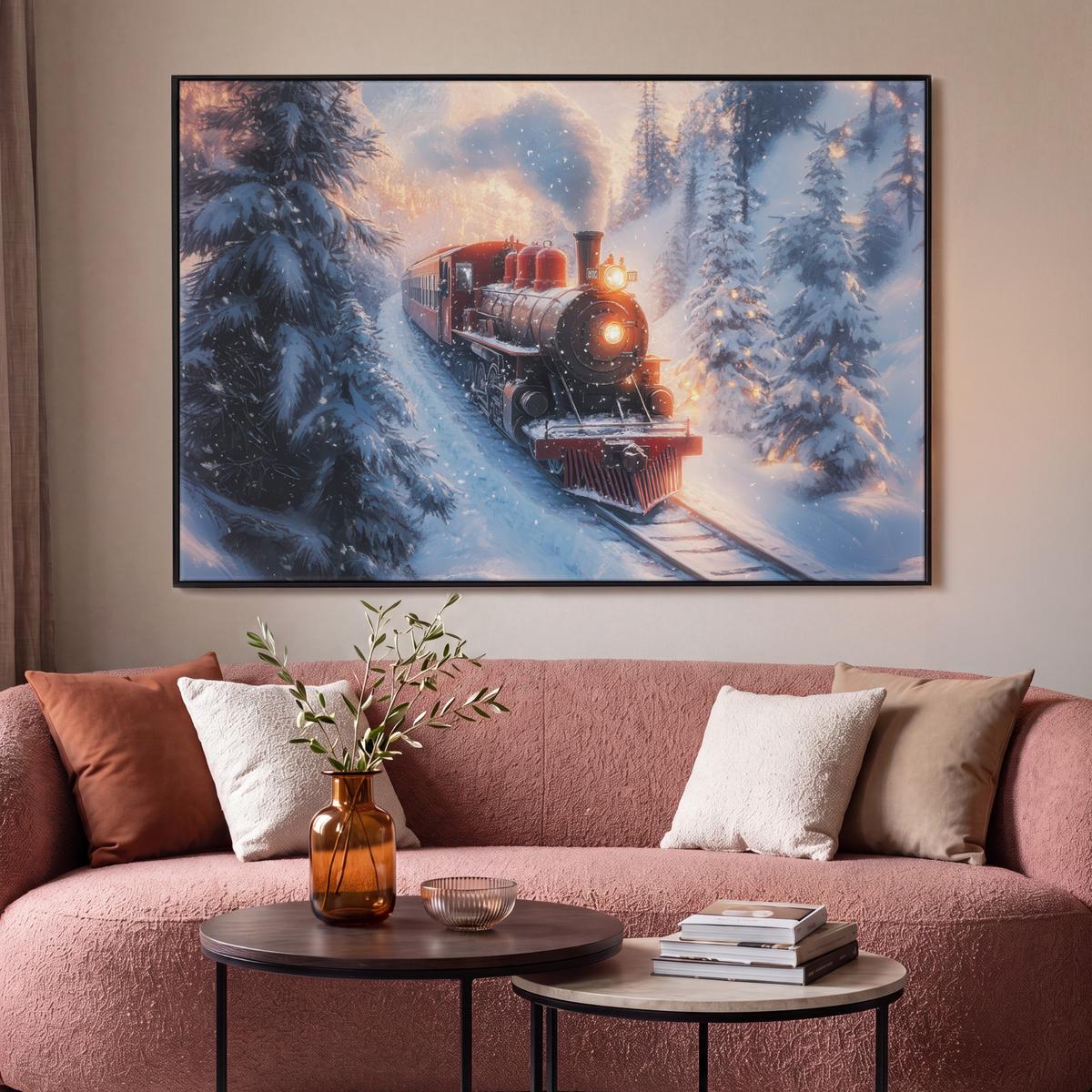 LEINWAND Bilder mit Rahmen - Weihnachtszug - Schnee - Winter - Weihnachten - 150x100 - Dunkelrot, Textil (150/100cm) - MuchoWow