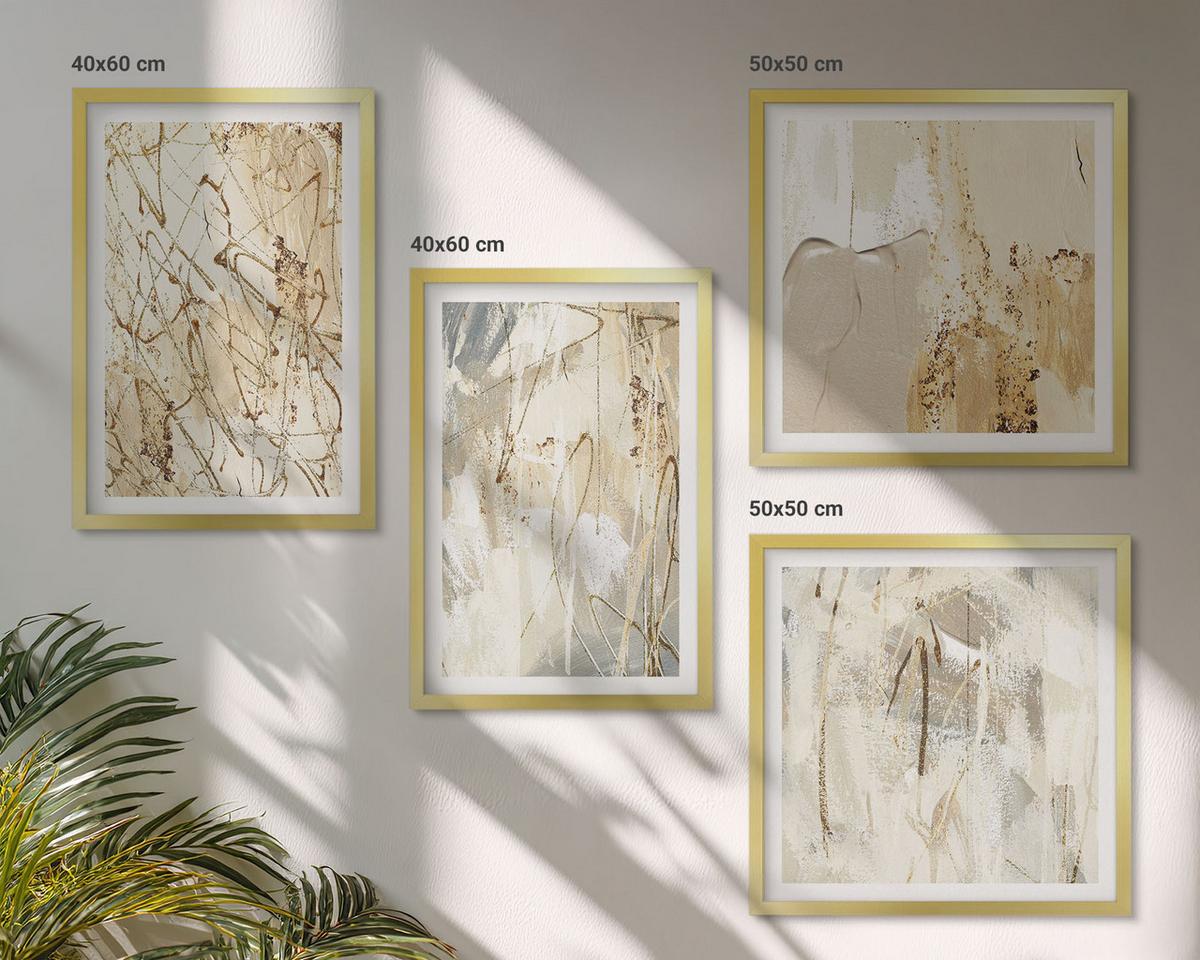 BILDER SET 4er Set - 50x50 cm & 40x60 cm Goldrahmen - Beige abstrakte Formen Linien - Goldfarben, Kunststoff (50/50cm) - TULUP