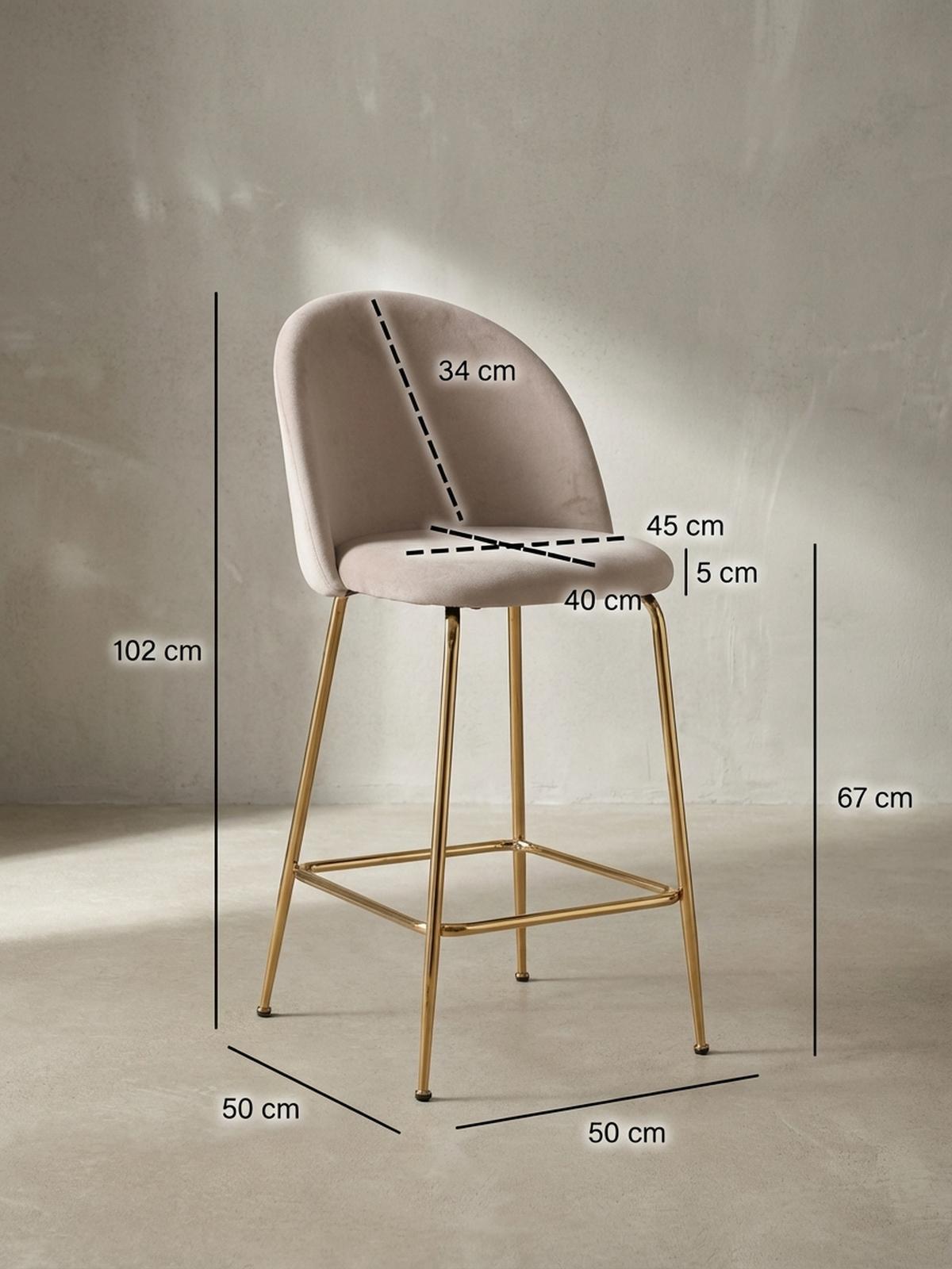 BARHOCKER 2er Set Samt Lehne Goldgestell Skandi-Stil Gepolstert, Beige 50x50x102 cm - Beige/Goldfarben, Textil/Metall (50/102/50cm) - KADIMA DESIGN
