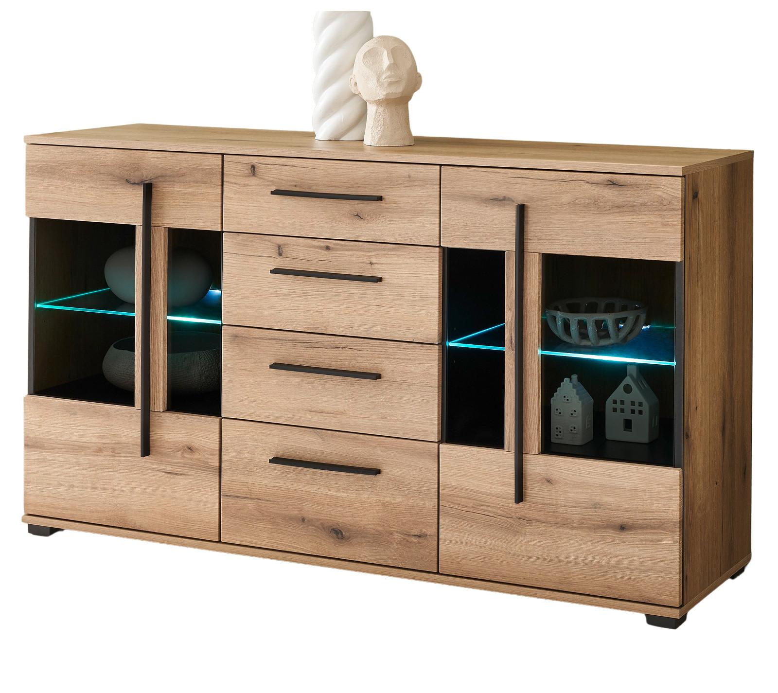 SIDEBOARD Eiche Evoke, Kommode 150 cm mit Soft-Close und Beleuchtung - Eichefarben/Schwarz, Glas/Holzwerkstoff (150/86/42cm) - Furn.Design