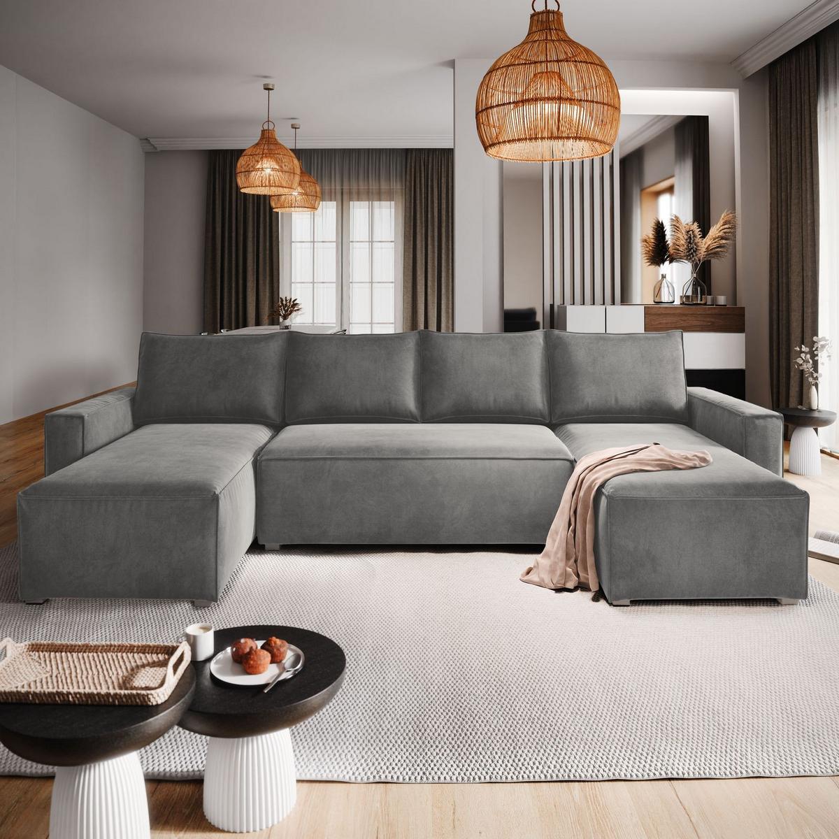 WOHNLANDSCHAFT DENI Hellgrau Velours-Stoff mit Schlaffunktion - Hellgrau/Grau, Holz/Kunststoff (295/85/140cm) - MASSENO