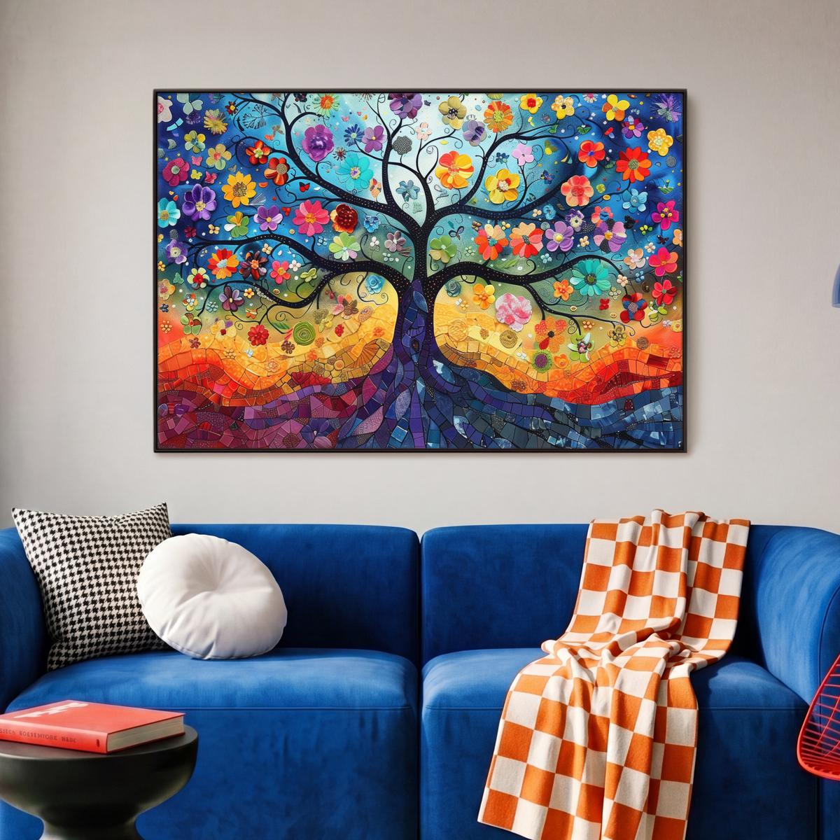 LEINWAND Bilder mit Rahmen - Kunst - Baum des Lebens - Blumen - Hippie - 90x60 - Dunkelblau, Textil (90/60cm) - MuchoWow