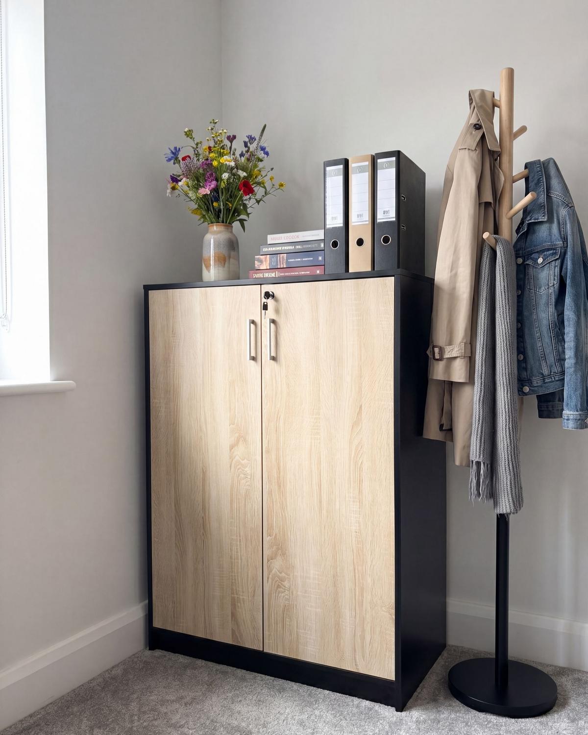 AKTENSCHRANK heller Holzfarbton/schwarz 117 cm 2 Türen Zehna - Hellbraun/Schwarz, Holzwerkstoff (80/117/40cm) - Beliani