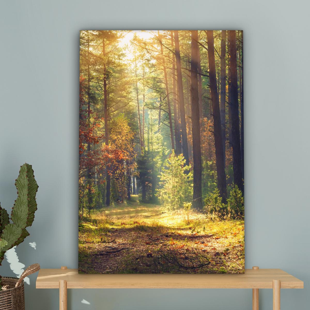 LEINWANDBILD Wald - Herbst - Bäume Wanddeko Schlafzimmer 60x90 cm - Dunkelgrün, Textil (60/90cm) - MuchoWow