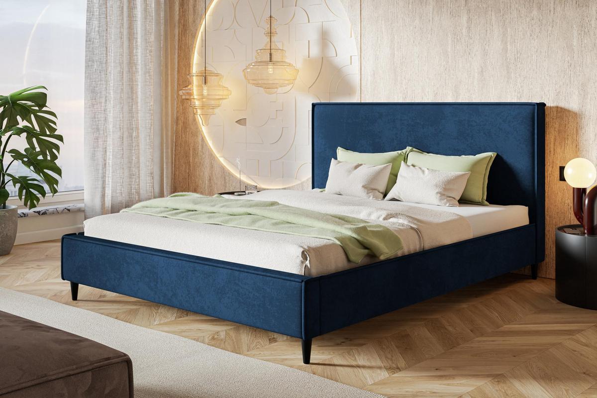 POLSTERBETT LUX RICO mit Kopfteil, 160 x 200 cm, Doppelbett mit Lattenrost aus Holz, Velourstoff Blau, Füße in Farbe: Schwarz - Blau, Holz/Textil (160/200cm) - Alpi-Möbel