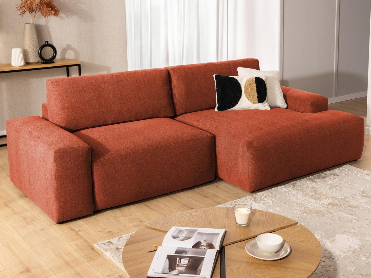 ECKSOFA inkl. Hocker Lennon aus Terrakotta Strukturstoff mit Schlaffunktion und Bettkasten - Terracotta/Schwarz, Holz/Kunststoff (264/137cm) - S-Style